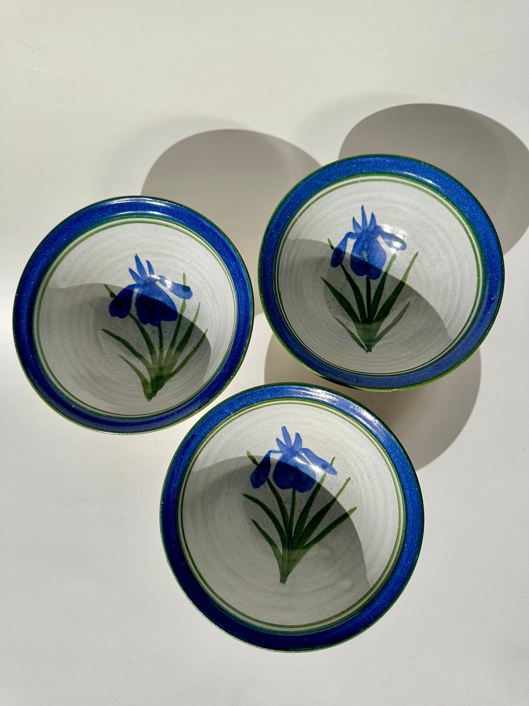 Vintage Signed Hand Painted Blue Iris Floral Studio Pottery Stoneware ...