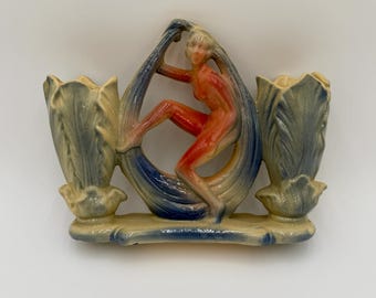 Vintage Art Deco Pink and Blue Nude Woman Floral Art Pottery Double Vase Candlestick Holder