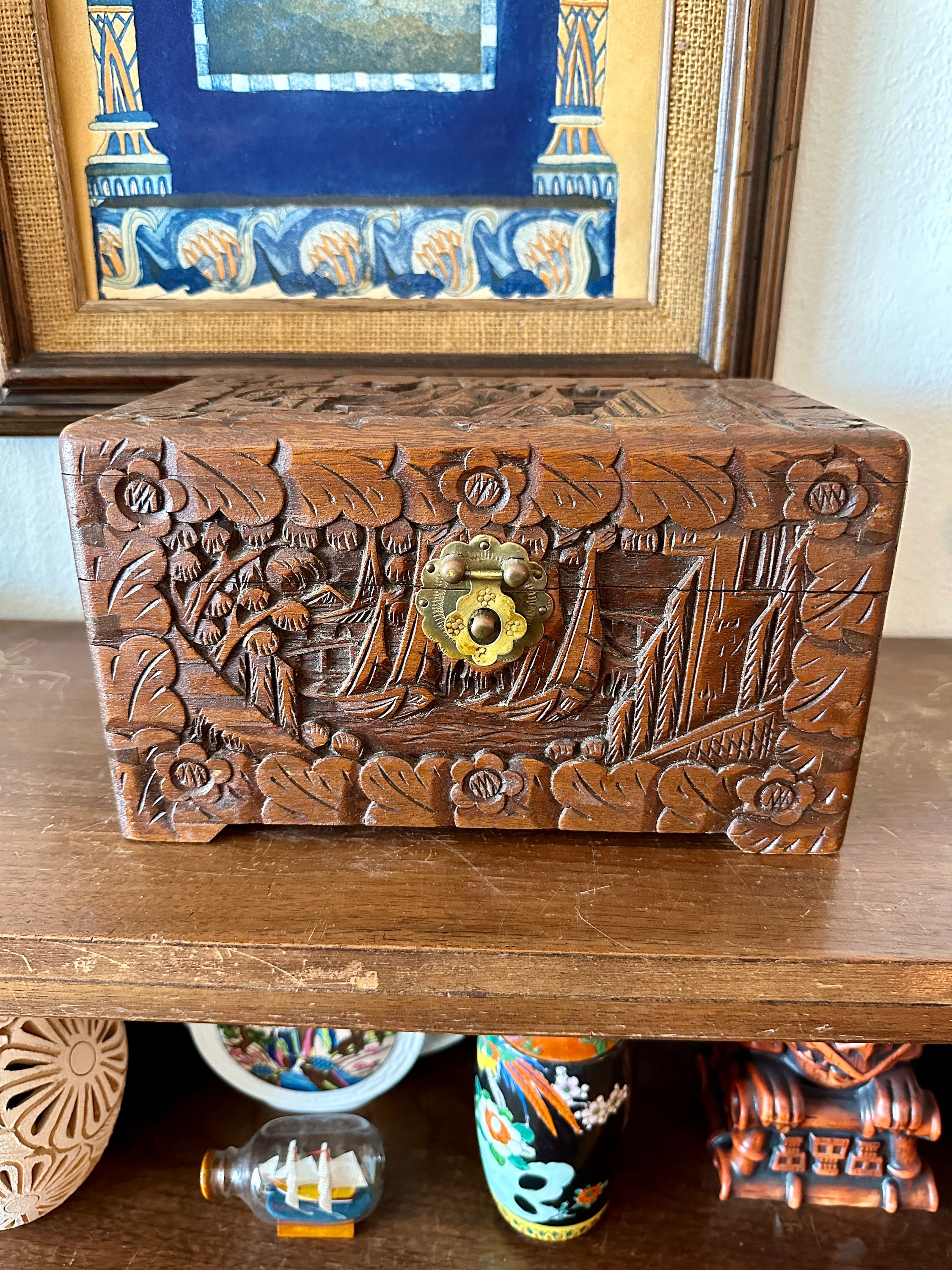 Vintage 1930's Hand Carved Wood Jewelry Storage Box: Chinese