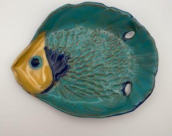 Vintage Handmade Signed Textured Ceramic Blue Fish Art Pottery Trinket Dish