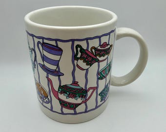 Vintage 1980's Purple Squiggly Stripe Teapot and Teacup Cutesy Mug