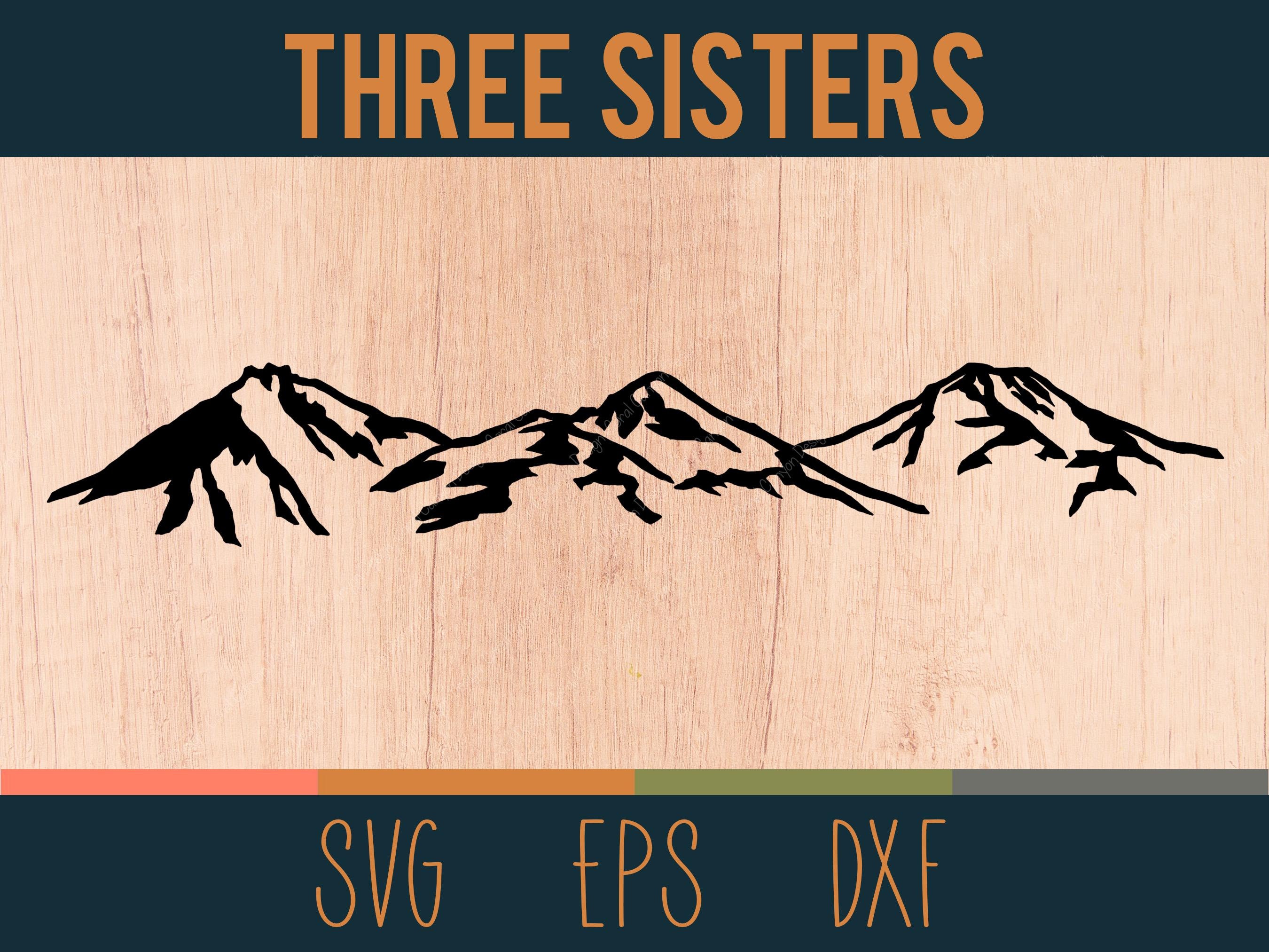 Zarys SVG Gór Three Sisters | Plik do cięcia cyfrowego | Łuk wulkaniczny Cascade w środkowym Oregonie | Dołączone pliki DXF i EPS
