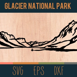 Op de afbeelding: Zwart-witte silhouet van een bergketen met een meer op de voorgrond. De tekst "GLACIER NATIONAL PARK" staat bovenaan de afbeelding.