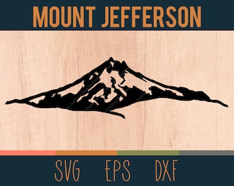 May include: Black silhouette of Mount Jefferson, a mountain with a pointed peak. The image is on a woodgrain background with the words "SVG", "EPS", and "DXF" below the mountain.