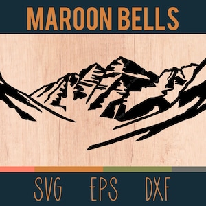 May include: Black and white silhouette of a mountain range with the text "MAROON BELLS" at the top.