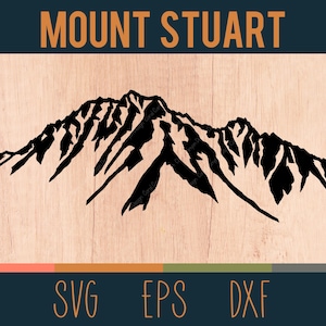 Op de afbeelding: Zwarte silhouet van Mount Stuart, een bergketen met grillige toppen, tegen een achtergrond van houtnerf. De tekst "MOUNT STUART" staat boven de afbeelding. Onder de afbeelding staan de woorden "SVG", "EPS" en "DXF" in een rij.