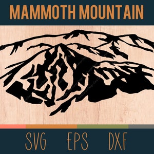 May include: Black and white silhouette of Mammoth Mountain, a popular ski resort in California. The mountain is depicted with jagged peaks and valleys, creating a dramatic and iconic image.