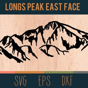 May include: Black and white silhouette of Longs Peak East Face, a mountain range with jagged peaks. The image is on a woodgrain background with the words "SVG", "EPS", and "DXF" below the mountain.