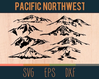 Op de afbeelding: Een set van tien zwart-witte berg silhouet illustraties. De bergen zijn in verschillende maten en vormen, sommige met besneeuwde toppen. De tekst "PACIFIC NORTHWEST" staat bovenaan de afbeelding. De woorden "SVG EPS DXF" staan onderaan de afbeelding.