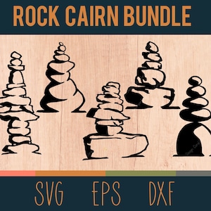 Ensemble SVG Rock Cairn | Fichiers numériques découpés | Lot de 5 cairns empilés uniques | Roches zen équilibrées | Fichiers DXF et EPS inclus