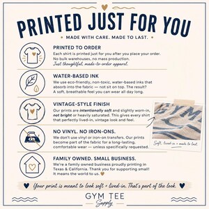 Gym Tee Supply printing information explaining made-to-order shirts, water-based ink, soft vintage-style prints, and no vinyl or iron-on transfers.
