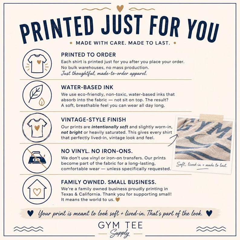 Gym Tee Supply printing information explaining made-to-order shirts, water-based ink, soft vintage-style prints, and no vinyl or iron-on transfers.