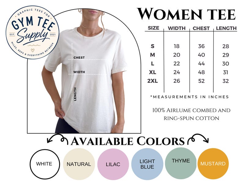 Women's T-shirt size guide with available measurements and sizing information.