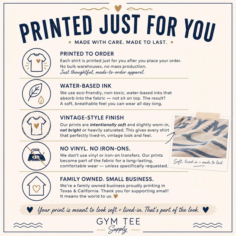Gym Tee Supply printing information explaining made-to-order shirts, water-based ink, soft vintage-style prints, and no vinyl or iron-on transfers.
