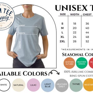 Unisex T-shirt size guide with available measurements and sizing information.