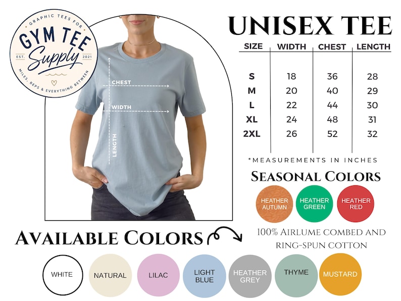 Unisex T-shirt size guide with available measurements and sizing information.