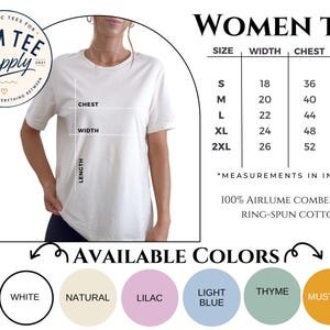 Women's T-shirt size guide with available measurements and sizing information.