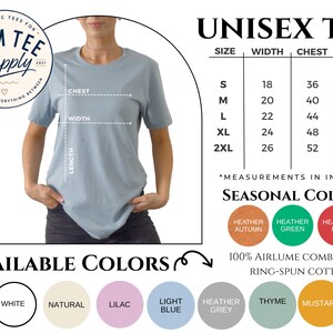 Unisex T-shirt size guide with available measurements and sizing information.