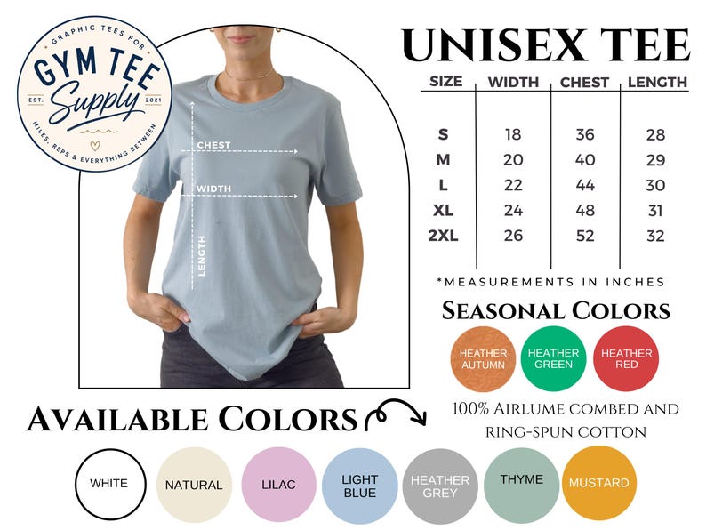 Unisex T-shirt size guide with available measurements and sizing information.