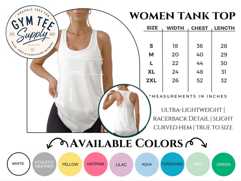 Women's tank top size guide with available measurements and sizing information.