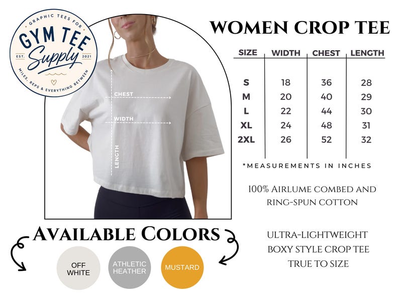 Women's crop top size guide with available measurements and sizing information.