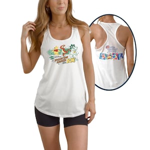 May include: White tank top with a graphic featuring Winnie the Pooh and Tigger, with the text "runDisney Springtime Surprise Weekend 10K 2023." The back of the tank top has a similar design with Disney characters.
