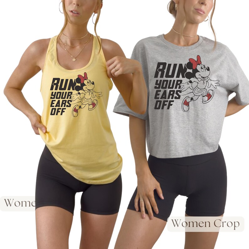 May include: A yellow tank top and a grey cropped t-shirt, both featuring a graphic of Minnie Mouse running and the black text "RUN YOUR EARS OFF". The garments are paired with black athletic shorts, showcasing a casual athletic style for active wear.