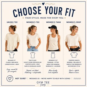 Gym Tee Supply fit guide comparing unisex tees, women's tees, women's tank tops, and women's crop tops.