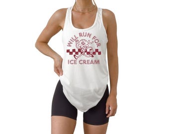 May include: White tank top with a red graphic of a cartoon ice cream cone running with the text "Will Run For Ice Cream".