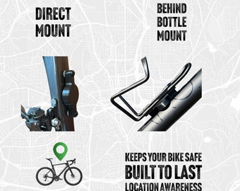 May include: Two ways to mount an Apple AirTag to a bicycle. The first shows a direct mount to the bike frame. The second shows a mount behind a water bottle cage. The text reads "Apple AirTag Bike Mount", "Direct Mount", "Behind Bottle Mount", "Keeps your bike safe", "Built to Last", and "Location Awareness".