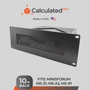 May include: A black metal rack mount bracket for a 10-inch rack, designed to fit Minisforum MS-01, MS-A2, and MS-R1 models. The front panel features a textured finish, a ventilation grille, and cutouts for USB ports, a headphone jack, and a power button.