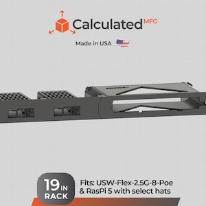 May include: A black 19-inch rack mount bracket featuring a Calculated MFG logo, a US flag icon, and text stating it fits USW-Flex-2.5G-8-Poe and Raspi 5 with select hats. The bracket includes two square mesh sections and a rectangular cutout.