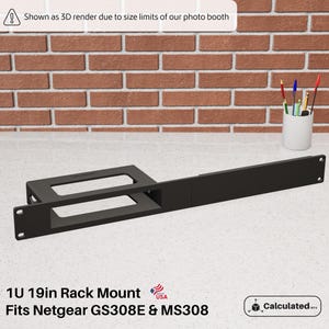 May include: A black 1U 19-inch (48.26 cm) rack mount, designed to fit Netgear GS308E and MS308 models. The mount is shown as a 3D render. The text "USA" is included. The rack mount is on a light gray surface.