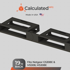 May include: A black 19-inch rack mount kit for Netgear GS308E, MS308, and MS308E switches. The unit features two connected mounting brackets with rectangular cutouts and screw holes on the side flanges. Text includes Calculated MFG, Made in USA, and 19 IN RACK.