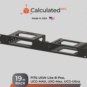 May include: A black metal 19-inch rack mount shelf designed for network equipment. The unit features two rectangular cutouts and is compatible with USW-Lite-8-Poe, UCG-MAX, UXG-Max, and UCG-Ultra devices. The Calculated MFG logo and a US flag are visible.