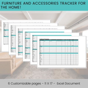 Furniture and accessories tracker for the home, Excel document, Furniture, Accessories, Customizable