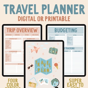 May include: A digital or printable travel planner with four color options. The planner includes sections for trip overview, budgeting, and expense tracking. The image features a travel-themed illustration with a suitcase, airplane, sunglasses, ice cream cone, and a globe.