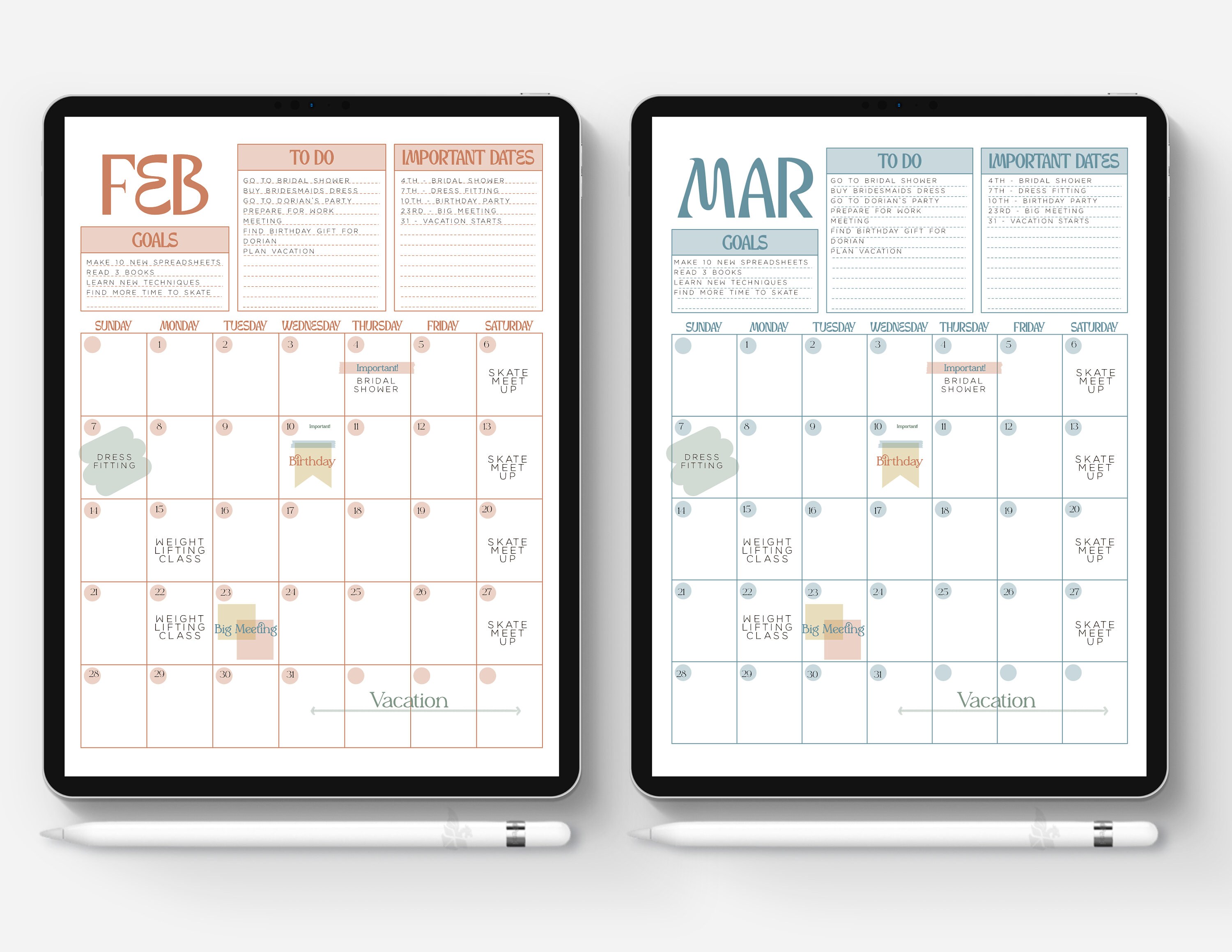 Undated Monthly Digital &amp; Printable Calendar in 4 Colors: Goodnotes and ...