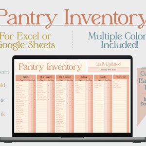 Puede incluir: Un ordenador portátil que muestra una lista de inventario de despensa imprimible en color melocotón claro con un borde marrón claro. La lista incluye categorías para especias, aceites y vinagres, productos secos y enlatados, horneado, refrigerios y cosas para comprar. El texto "Pantry Inventory" está en la parte superior de la lista. El texto "Last Updated January 15th 2020" está en la esquina superior derecha de la lista. El texto "Cute & Easy To Use!" está en un cuadro de color melocotón con un borde marrón claro. El texto "Instant Download" está debajo del cuadro.