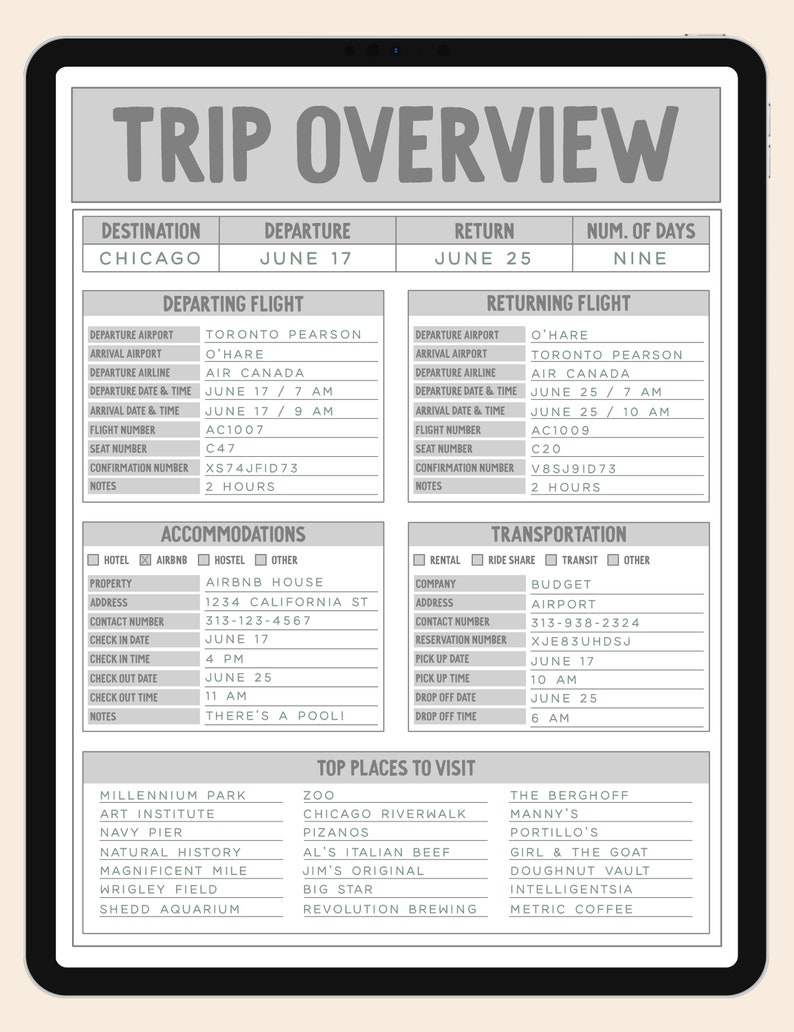 May include: A digital itinerary for a trip to Chicago, Illinois. The itinerary includes flight details, accommodation information, transportation arrangements, and a list of top places to visit in the city. The itinerary is titled "Trip Overview" and includes dates, times, and confirmation numbers.