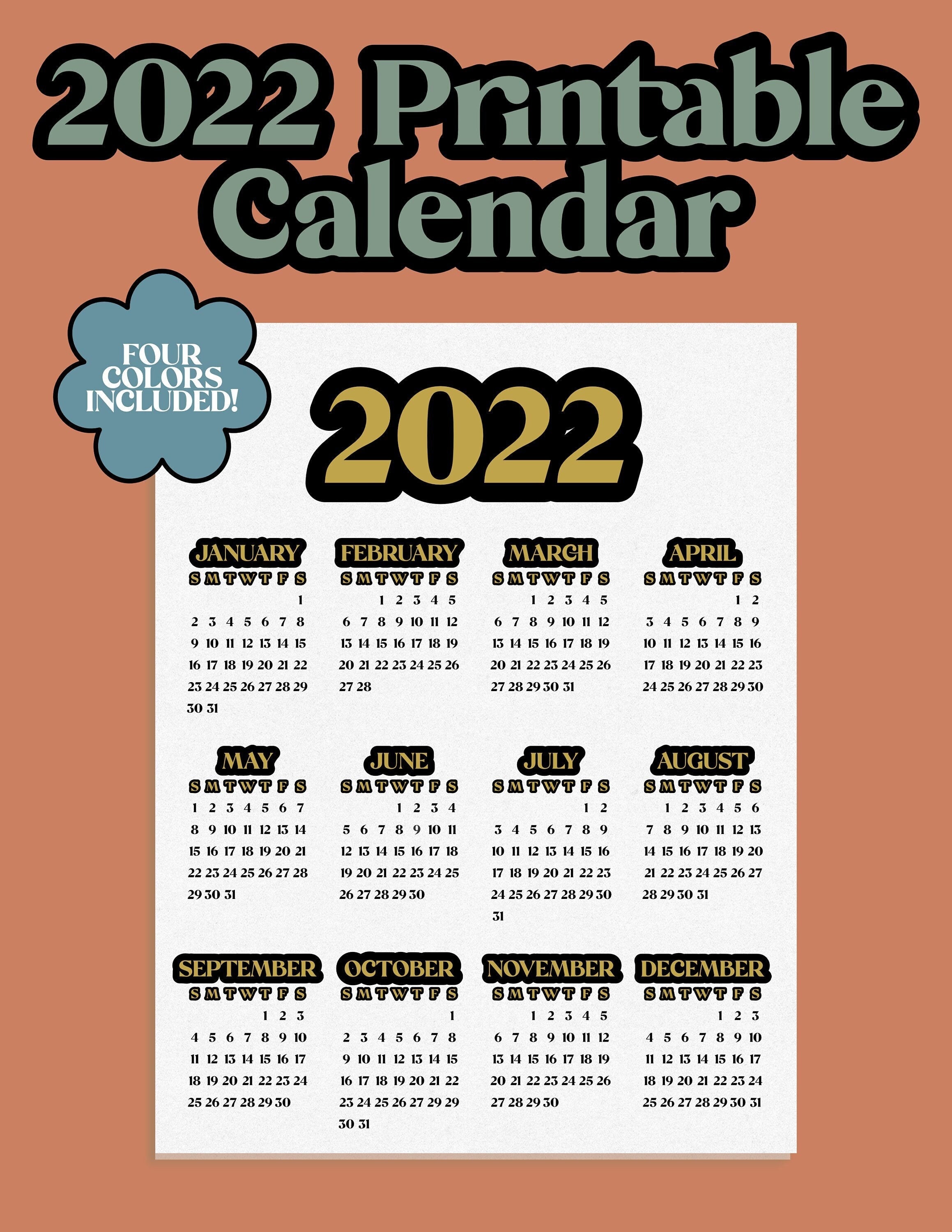 2022 year calendar printable pdf multi color etsy