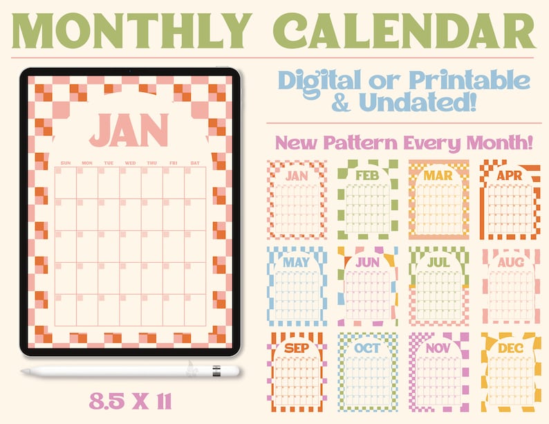 Checkerboard Monthly Digital Calendar Printable & Undated Calendar Good