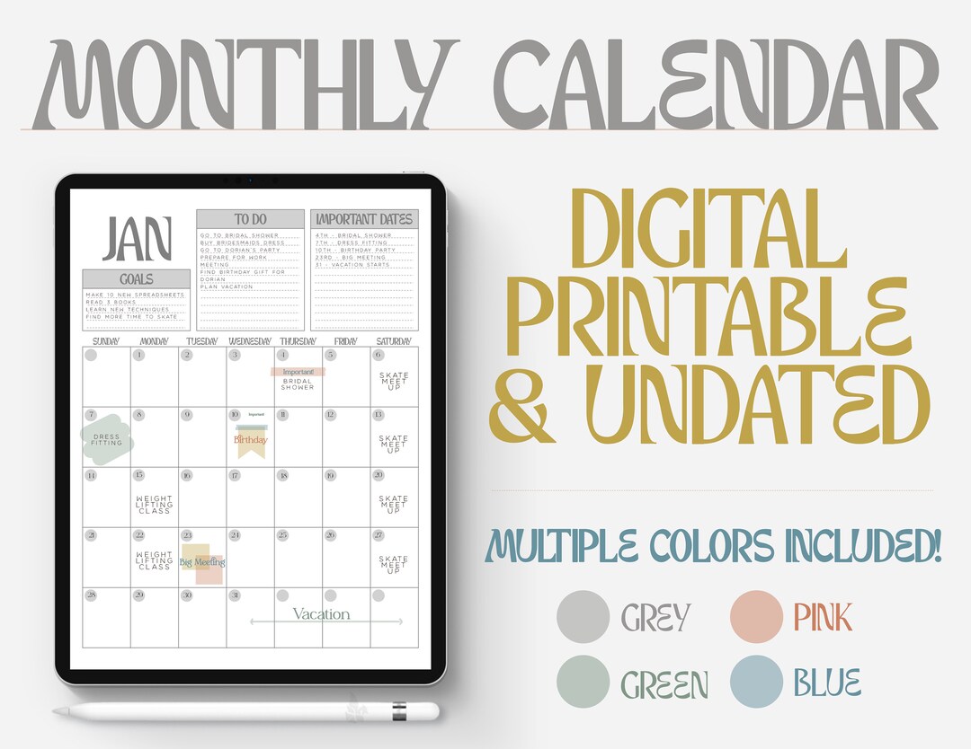 Monthly Digital Calendar Printable & Undated Calendar Good Etsy