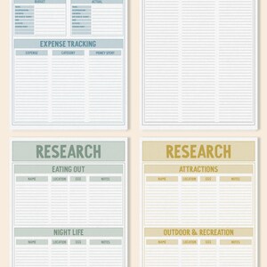 May include: Printable travel planner with sections for budgeting, expense tracking, research, and attractions. The pages are color-coded and have headings for each section.