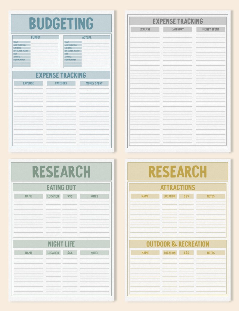 May include: Printable travel planner with sections for budgeting, expense tracking, research, and attractions. The pages are color-coded and have headings for each section.