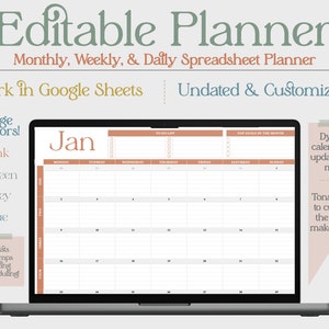 Editable Spreadsheet Calendar with Daily Weekly Monthly Calendar Customizable Google Sheet ADHD Brain Dump and To Do Lists 2024