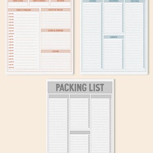 May include: Three printable planner pages with a light pink, light blue, and gray background. The first page is a daily planner with sections for today's date, today's budget, weather, today's itinerary, outfit of the day, eating and drinking, and visiting. The second and third pages are packing lists with sections for clothes, documents, toiletries, and gadgets.