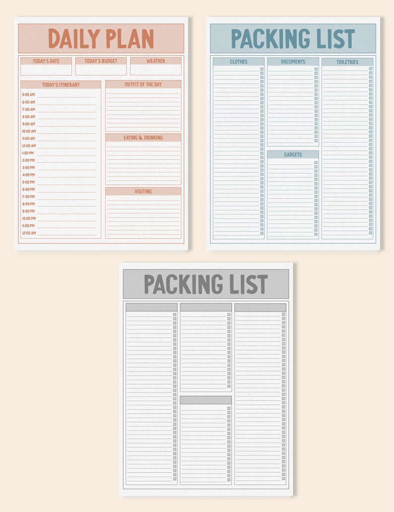 May include: Three printable planner pages with a light pink, light blue, and gray background. The first page is a daily planner with sections for today's date, today's budget, weather, today's itinerary, outfit of the day, eating and drinking, and visiting. The second and third pages are packing lists with sections for clothes, documents, toiletries, and gadgets.