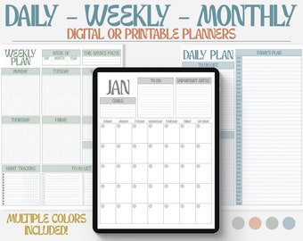 Monthly Digital Planner Undated, Weekly Planner, Daily Planner Printable Undated Calendar Good Notes Compatible PDF 2022 2023 Funky