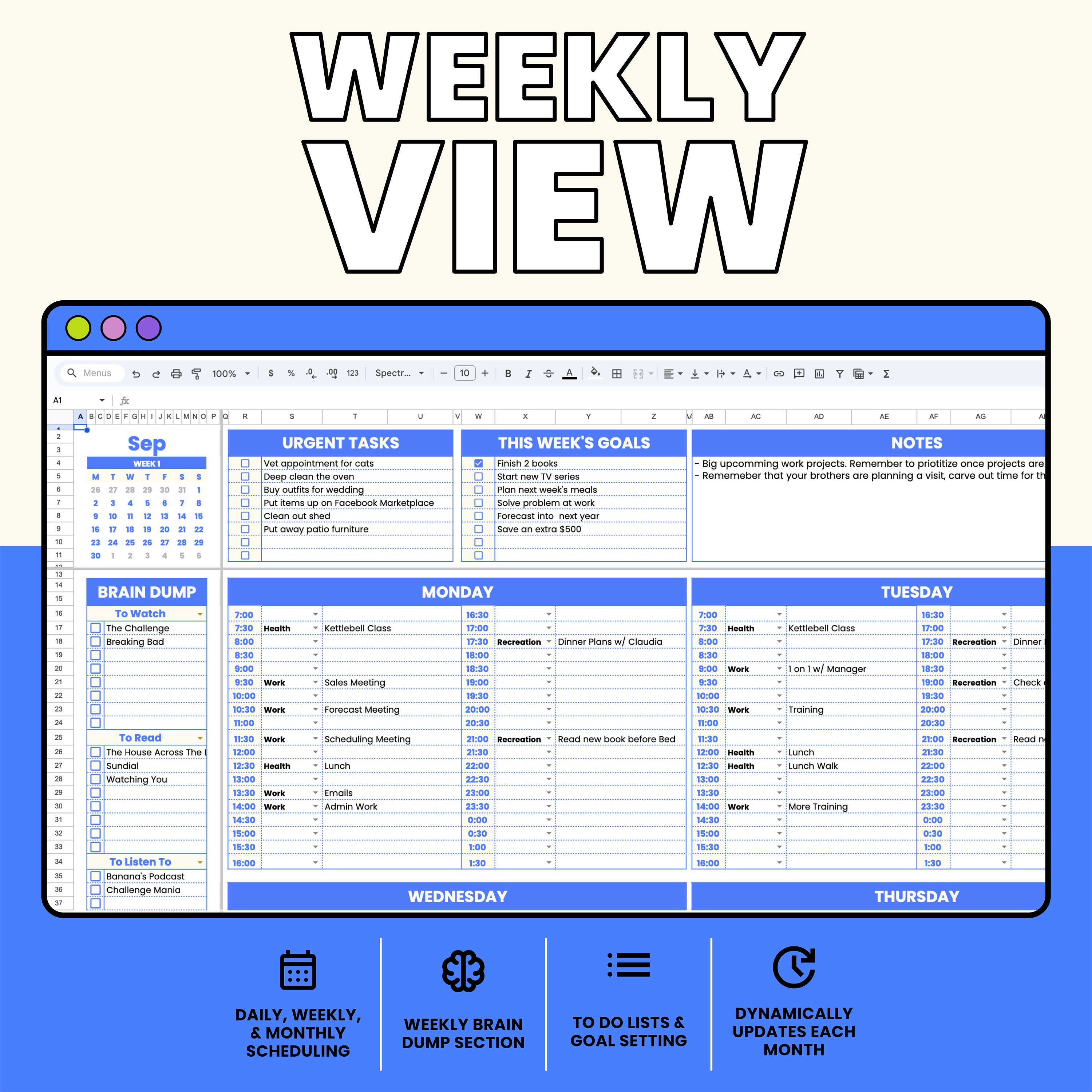 Calendar Full Week View Example 2024 Editable Calendar | Google Sheets Planner With Daily, Weekly ...